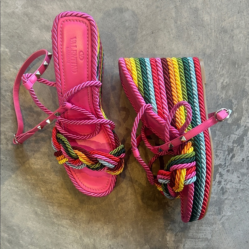 Valentino Pink and Multicolor Rope Wedge Sandals